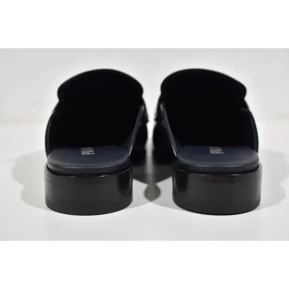 Prada Navy Blue Leather Triangle Silver Logo Loafer Slip On Slide Mule Flat 36.5